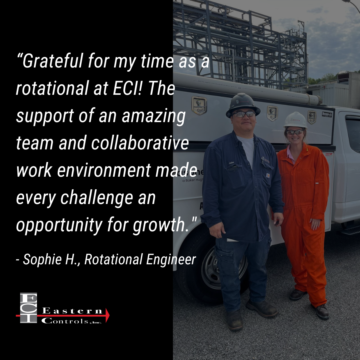 Man and woman in service clothing on site with quote overlayed